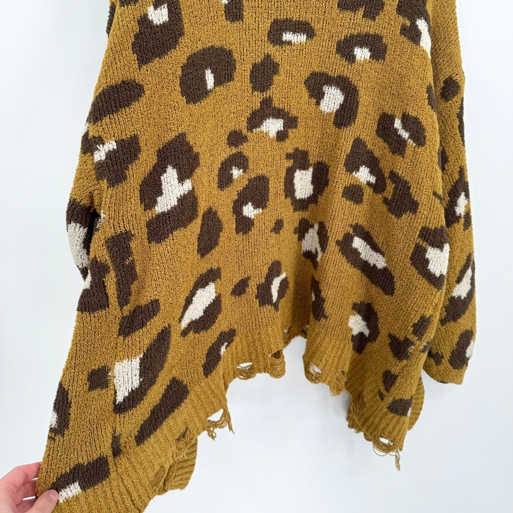 A Beautiful Soul Yellow/Brown Leopard Print Chunky  Distressed Sweater Cardigan - Picture 9 of 12
